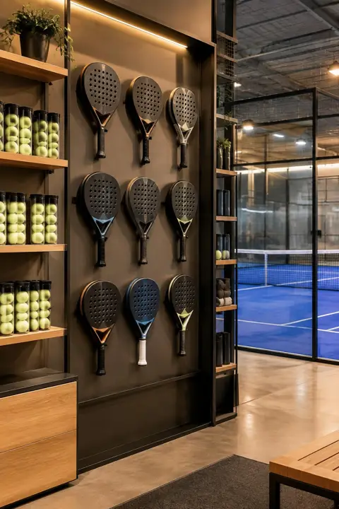 Padel rackets and ball tubes on a compact retail wall beside a glass padel court