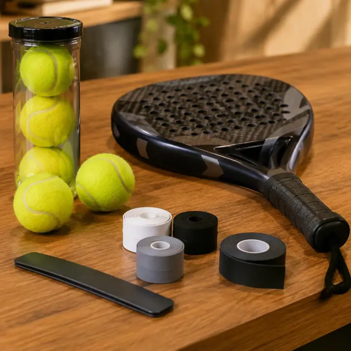 Padel racket, balls and overgrips illustrating compact retail and repeat accessories