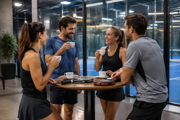 Padel players chatting over coffee at a high table beside an indoor court