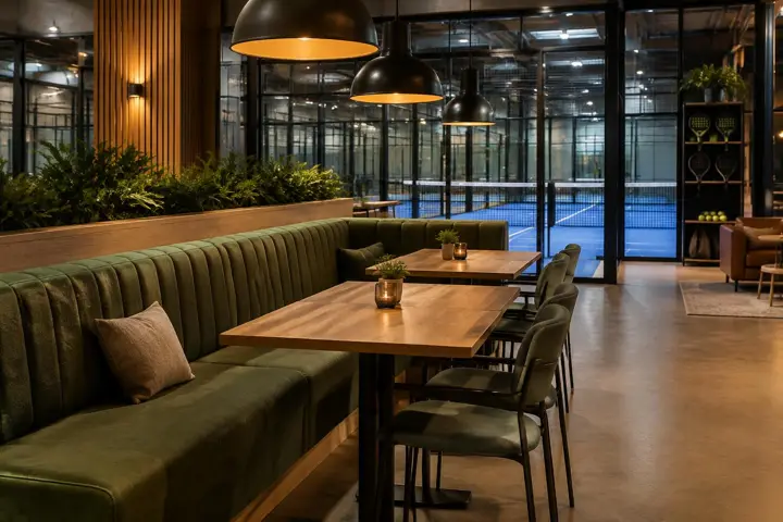 Modern lounge seating inspiration for an indoor padel venue