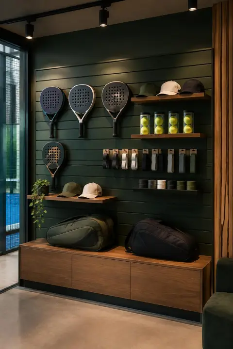 Curated padel pro shop wall with rackets, grips, balls, caps and bags