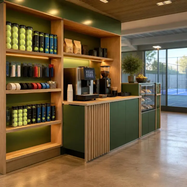 Combined coffee counter and compact padel retail shelving