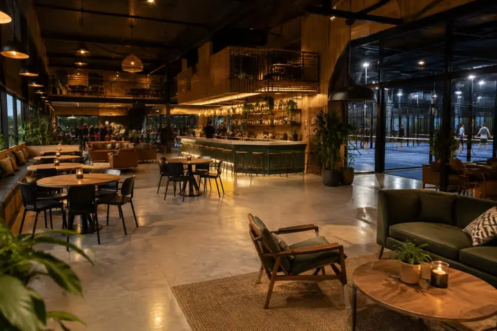 Spacious padel clubhouse with café tables, lounge seating and a bar overlooking the courts