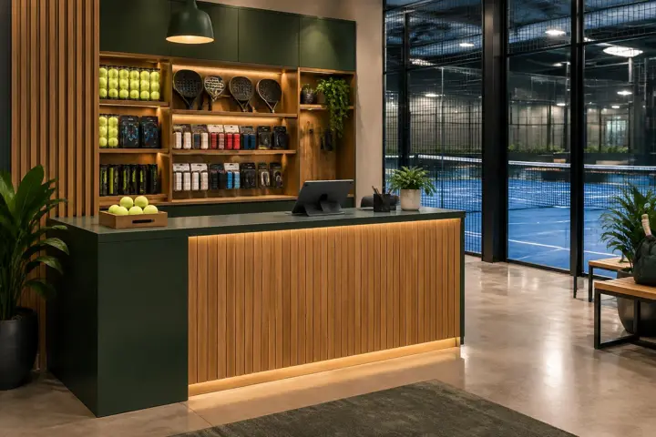 Padel venue reception desk with integrated retail shelving and court views
