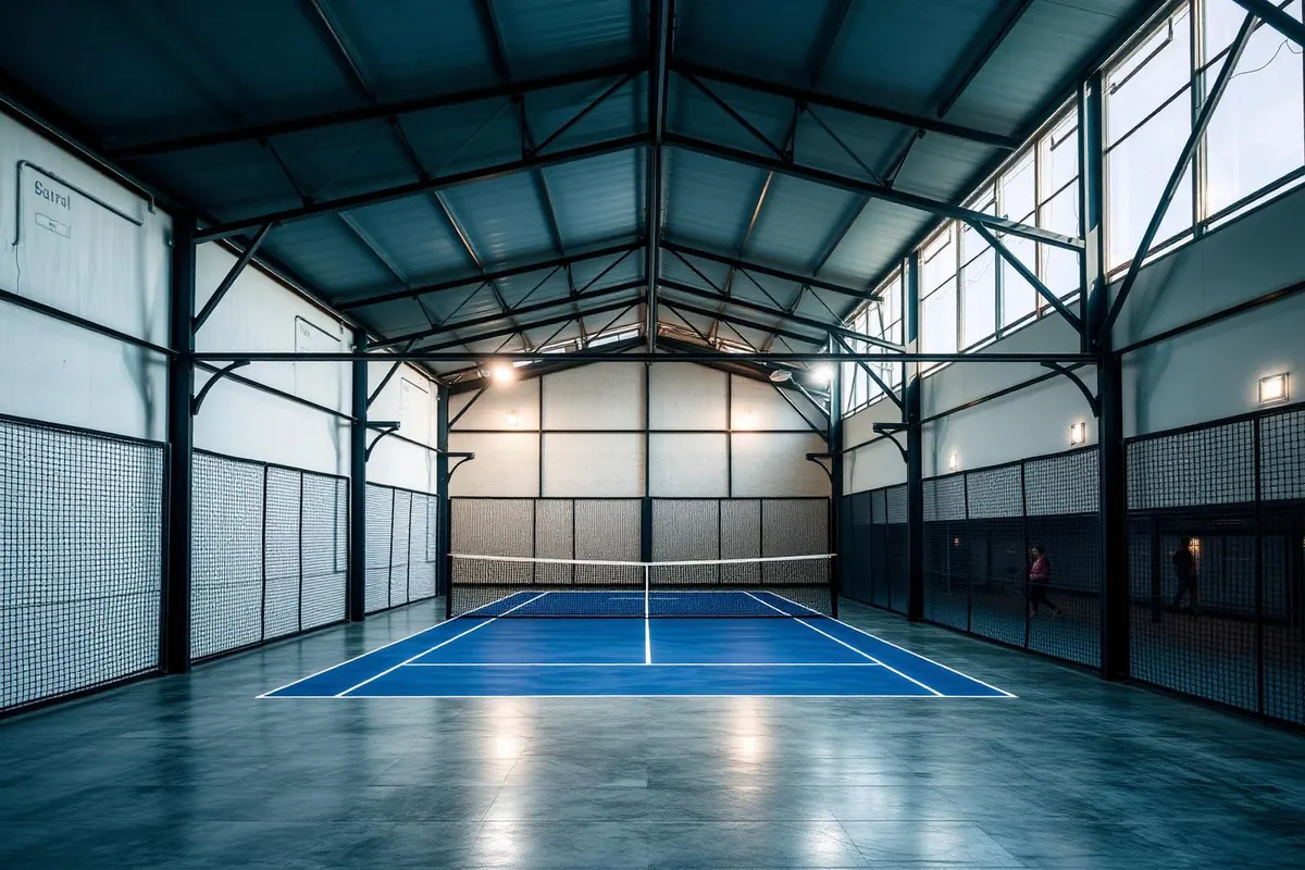Indoor padel court inside a converted building with overhead lighting