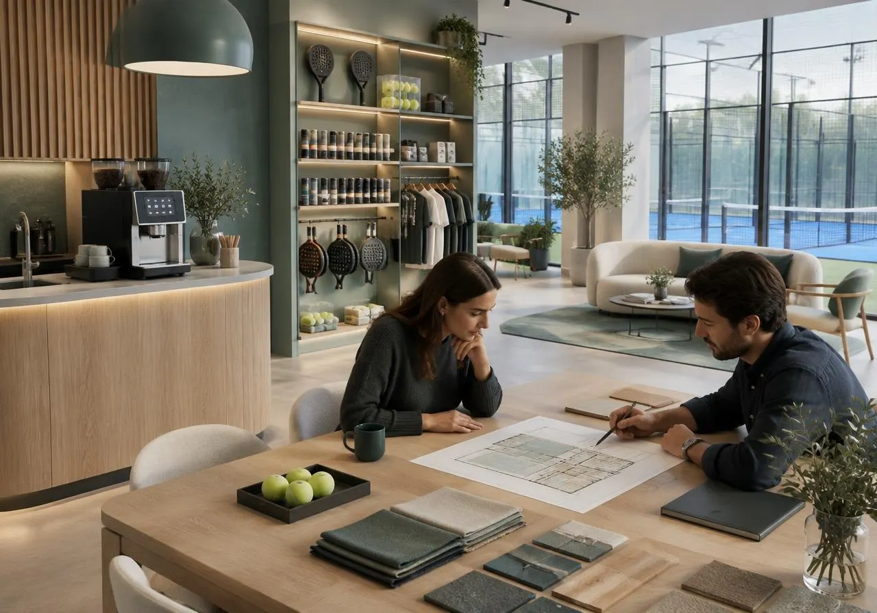 Operators reviewing a floor plan beside a coffee counter, retail shelving and material samples